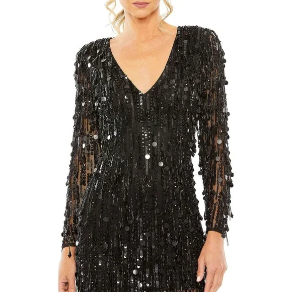 Mac Duggal Sheer Sleeve Fringes Cocktail Dress Black Size 12 NWT - Picture 2 of 12